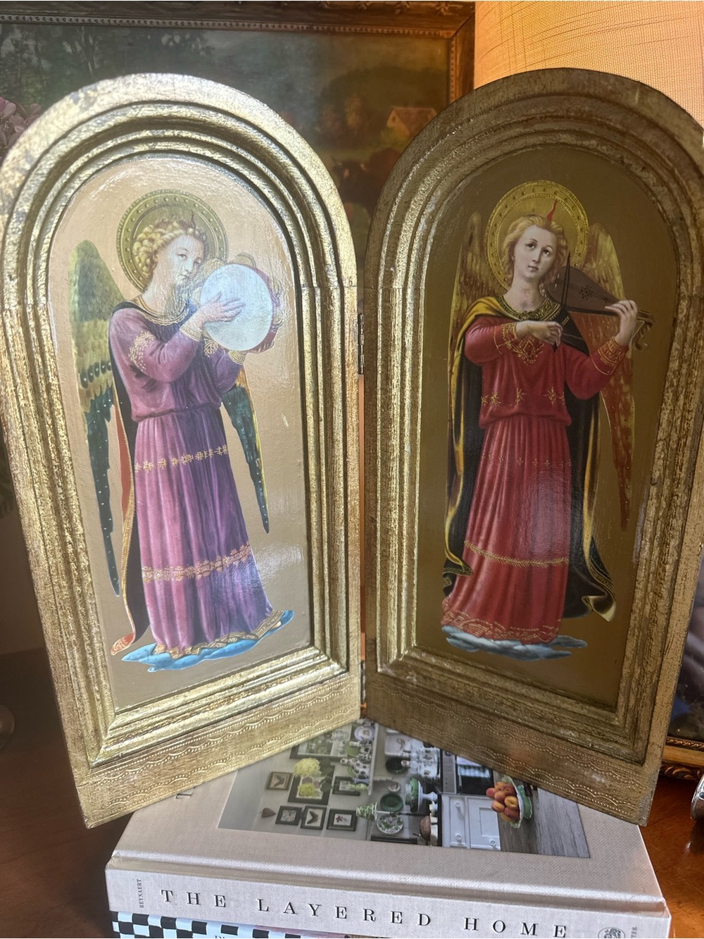 Vintage late 20th Century 2 Panel Wood Screen of Gilded Gold Hand-Painted Angels